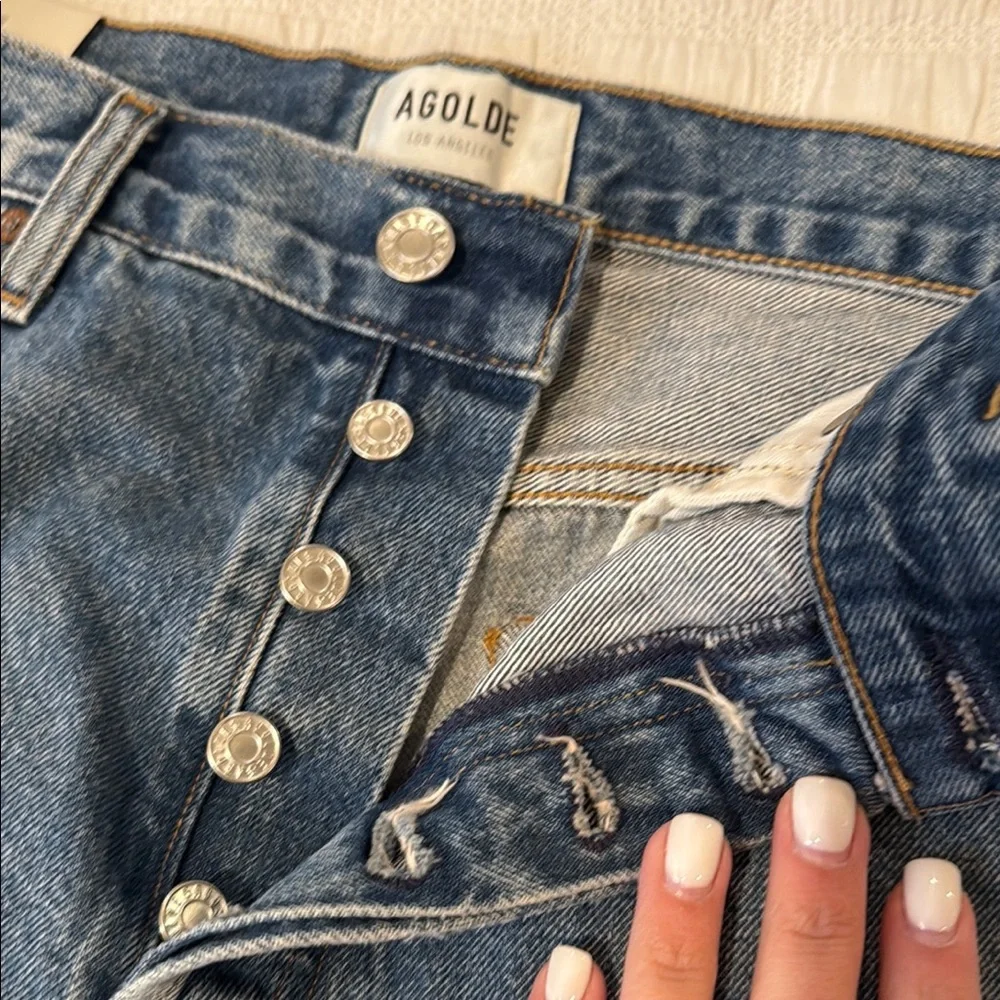 Agolde Blue Jean Shorts High-Waisted Frayed Hem - Picture 5 of 7